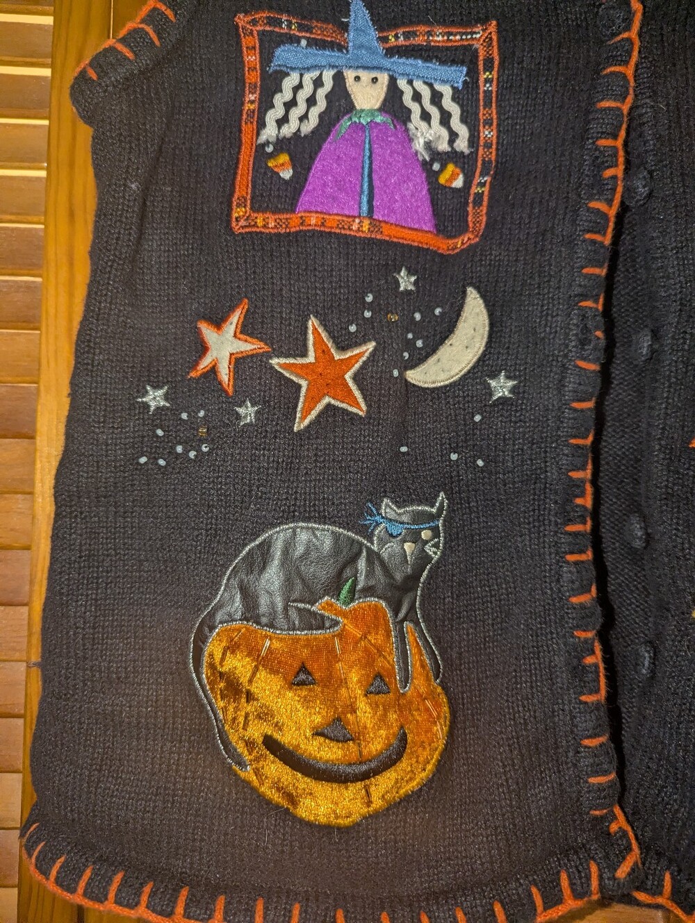 Vintage Halloween Festive Fall Holiday Knit Embroidered Cardigan Sweater Vest - Picture 4 of 6